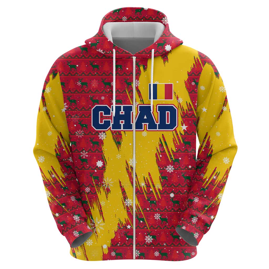 Chad Christmas Hoodie with Red-Yellow Festive Pattern, National Coat of Arms, and Snowflake Accents - Wonder Print Shop