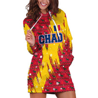 Chad Christmas Hoodie Dress with Red-Yellow Festive Pattern, National Coat of Arms, and Snowflake Accents - Wonder Print Shop