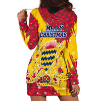 Chad Christmas Hoodie Dress with Red-Yellow Festive Pattern, National Coat of Arms, and Snowflake Accents - Wonder Print Shop