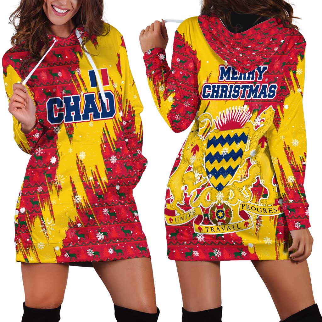 Chad Christmas Hoodie Dress with Red-Yellow Festive Pattern, National Coat of Arms, and Snowflake Accents - Wonder Print Shop