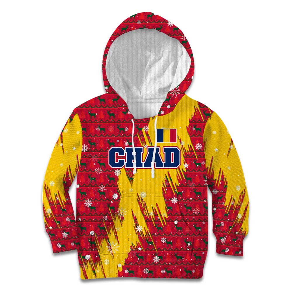 Chad Christmas Kid Hoodie with Red-Yellow Festive Pattern, National Coat of Arms, and Snowflake Accents - Wonder Print Shop