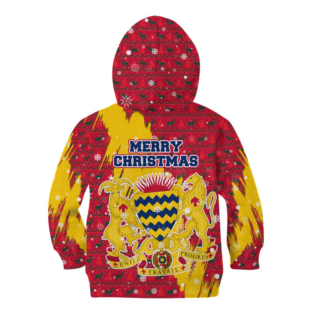 Chad Christmas Kid Hoodie with Red-Yellow Festive Pattern, National Coat of Arms, and Snowflake Accents - Wonder Print Shop
