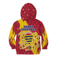 Chad Christmas Kid Hoodie with Red-Yellow Festive Pattern, National Coat of Arms, and Snowflake Accents - Wonder Print Shop