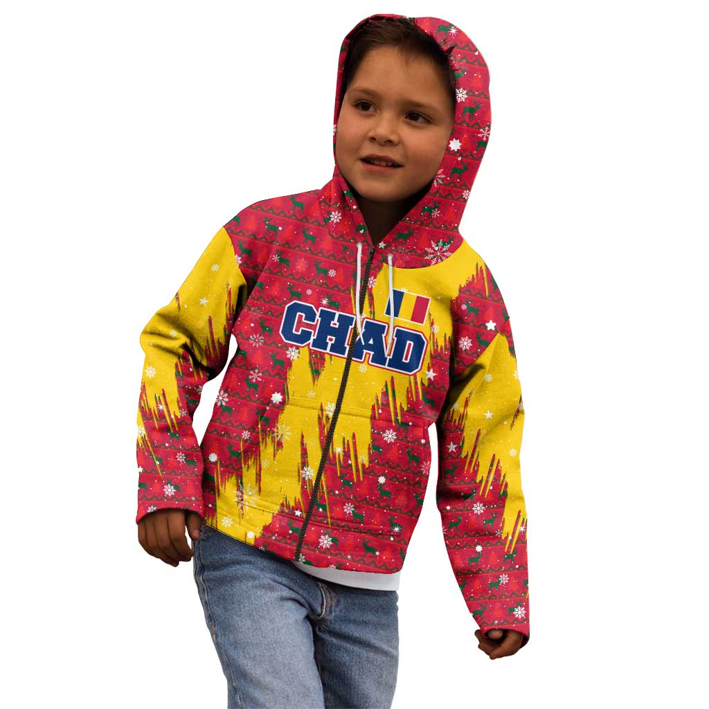 Chad Christmas Kid Hoodie with Red-Yellow Festive Pattern, National Coat of Arms, and Snowflake Accents - Wonder Print Shop