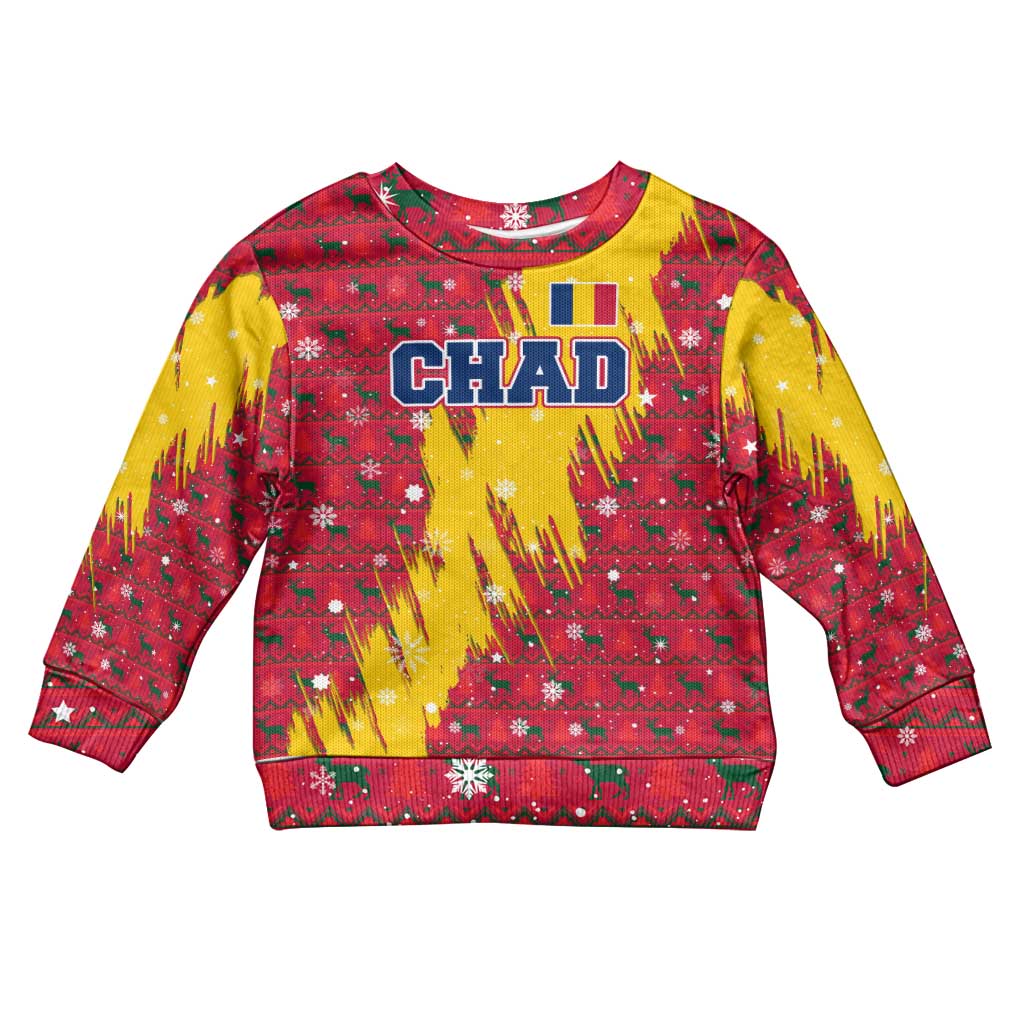 Chad Christmas Kid Ugly Christmas Sweater with Red-Yellow Festive Pattern, National Coat of Arms, and Snowflake Accents - Wonder Print Shop