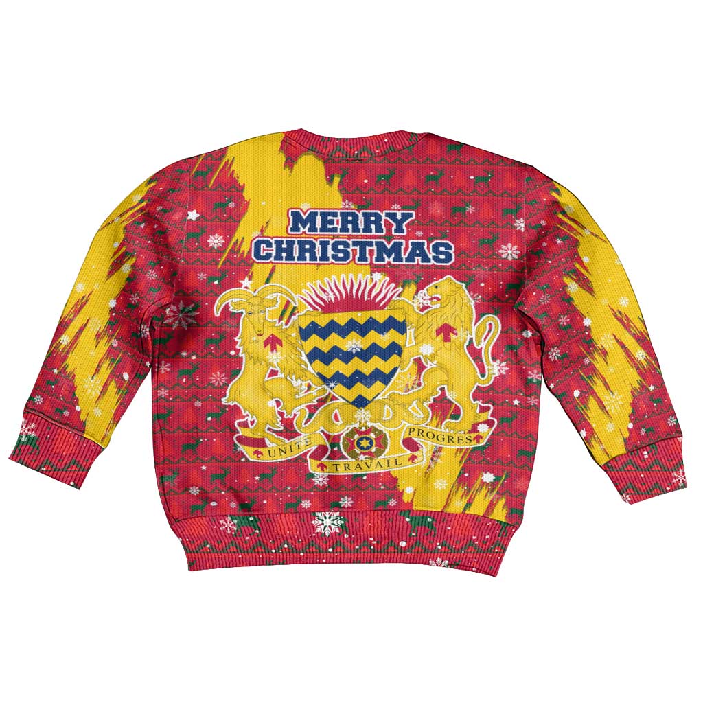 Chad Christmas Kid Ugly Christmas Sweater with Red-Yellow Festive Pattern, National Coat of Arms, and Snowflake Accents - Wonder Print Shop