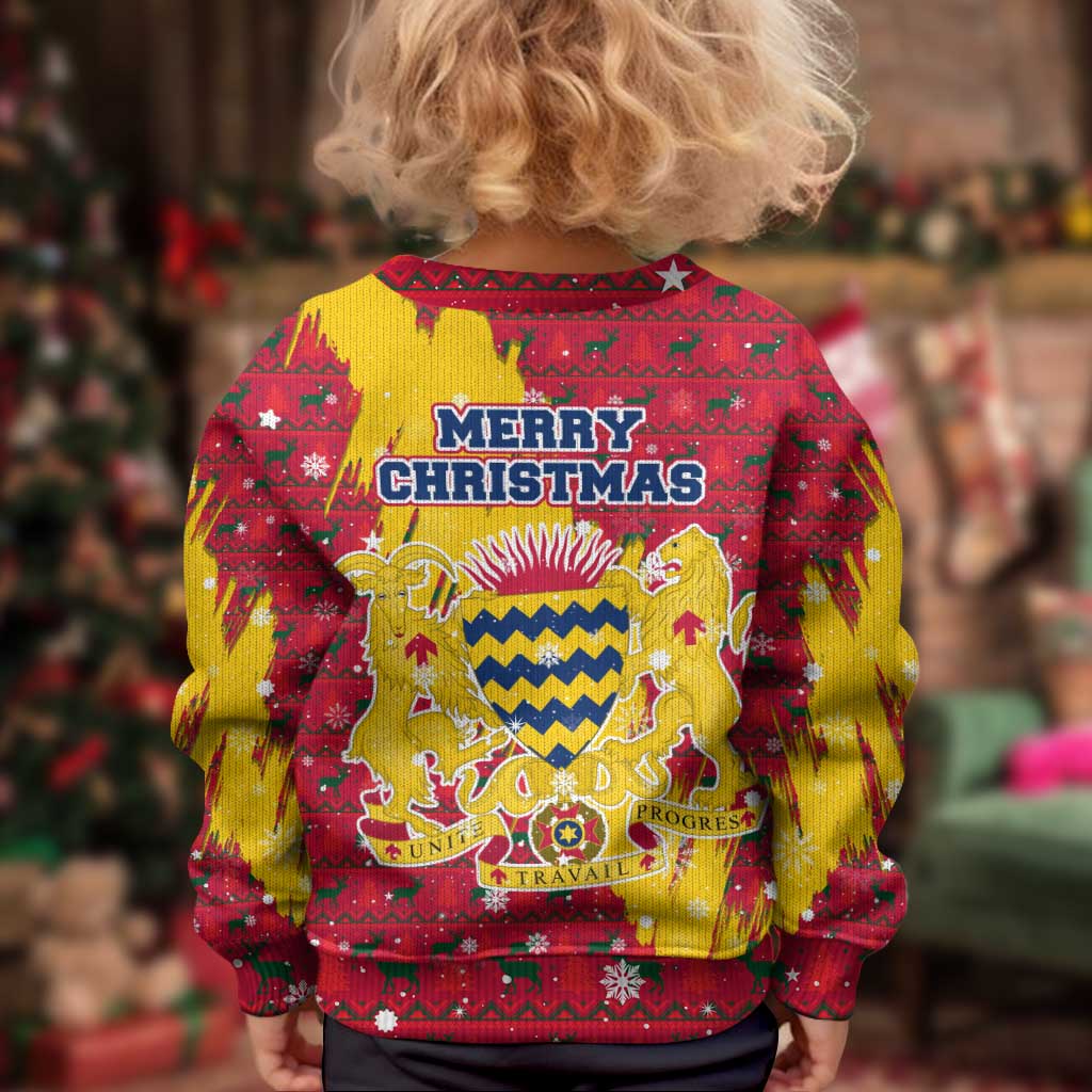 Chad Christmas Kid Ugly Christmas Sweater with Red-Yellow Festive Pattern, National Coat of Arms, and Snowflake Accents - Wonder Print Shop