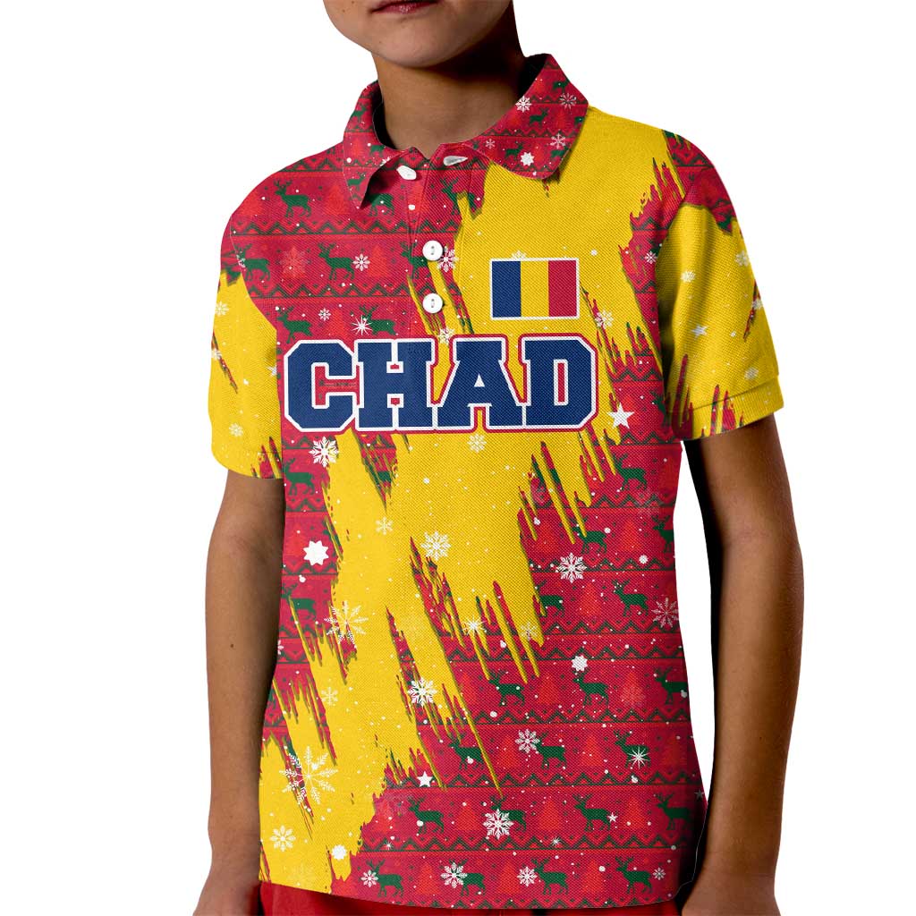 Chad Christmas Kid Polo Shirt with Red-Yellow Festive Pattern, National Coat of Arms, and Snowflake Accents - Wonder Print Shop