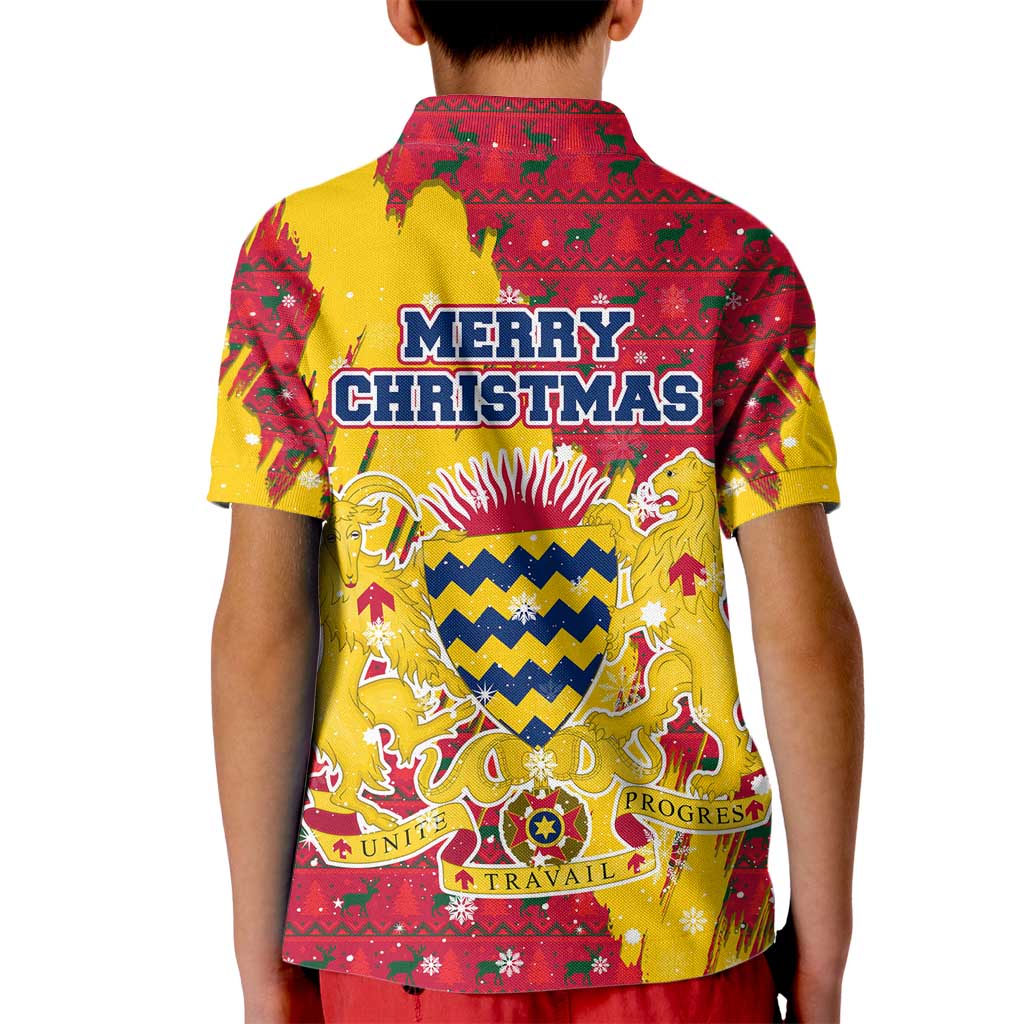 Chad Christmas Kid Polo Shirt with Red-Yellow Festive Pattern, National Coat of Arms, and Snowflake Accents - Wonder Print Shop