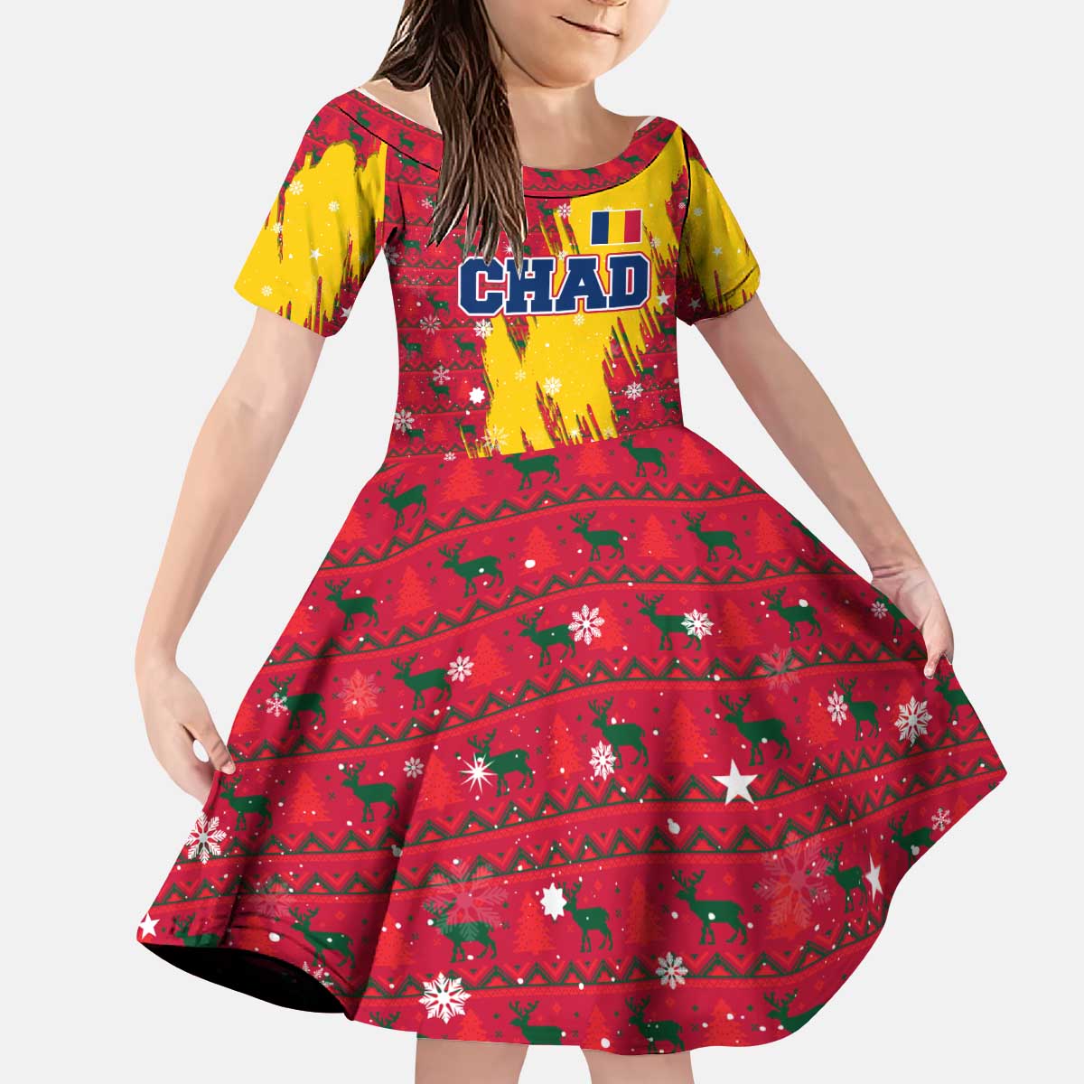 Chad Christmas Kid Short Sleeve Dress with Red-Yellow Festive Pattern, National Coat of Arms, and Snowflake Accents - Wonder Print Shop