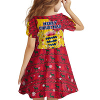 Chad Christmas Kid Short Sleeve Dress with Red-Yellow Festive Pattern, National Coat of Arms, and Snowflake Accents - Wonder Print Shop