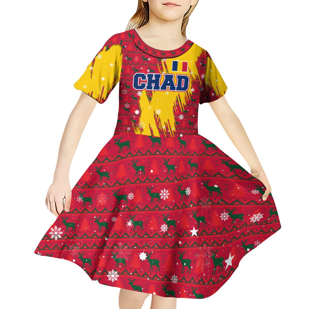 Chad Christmas Kid Short Sleeve Dress with Red-Yellow Festive Pattern, National Coat of Arms, and Snowflake Accents - Wonder Print Shop