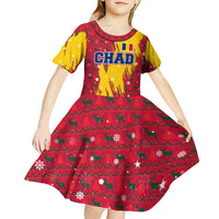 Chad Christmas Kid Short Sleeve Dress with Red-Yellow Festive Pattern, National Coat of Arms, and Snowflake Accents - Wonder Print Shop