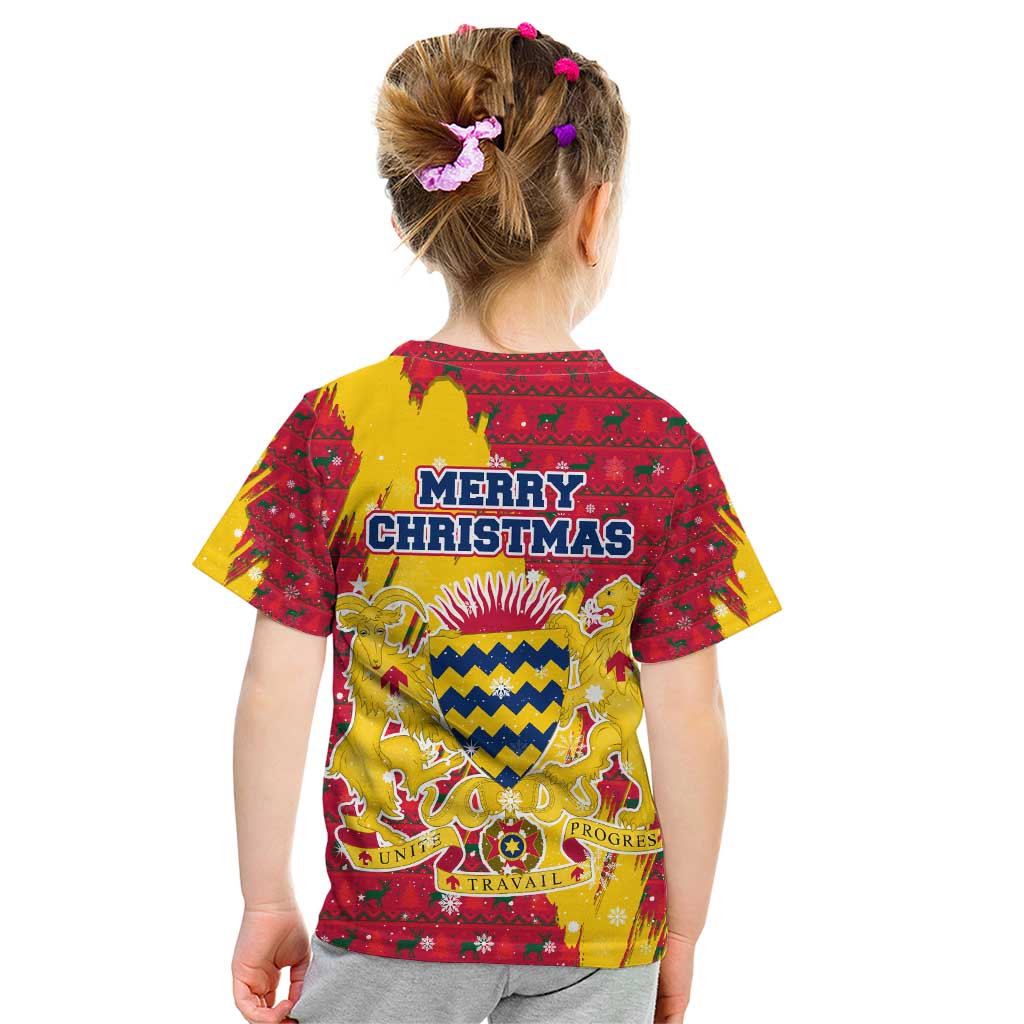 Chad Christmas Kid T Shirt with Red-Yellow Festive Pattern, National Coat of Arms, and Snowflake Accents - Wonder Print Shop