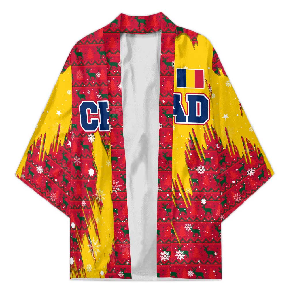 Chad Christmas Kimono with Red-Yellow Festive Pattern, National Coat of Arms, and Snowflake Accents - Wonder Print Shop