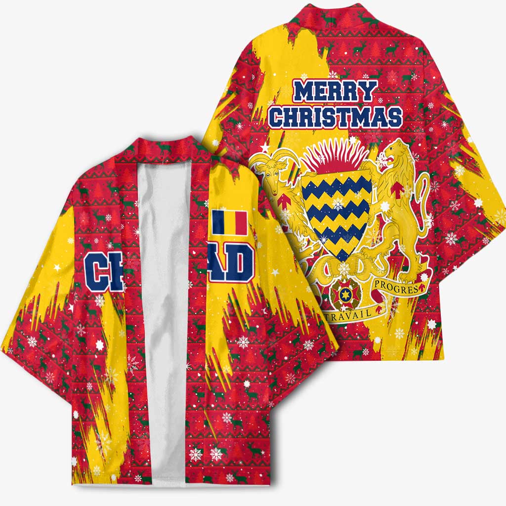 Chad Christmas Kimono with Red-Yellow Festive Pattern, National Coat of Arms, and Snowflake Accents - Wonder Print Shop