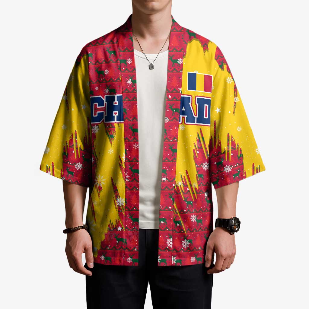 Chad Christmas Kimono with Red-Yellow Festive Pattern, National Coat of Arms, and Snowflake Accents - Wonder Print Shop