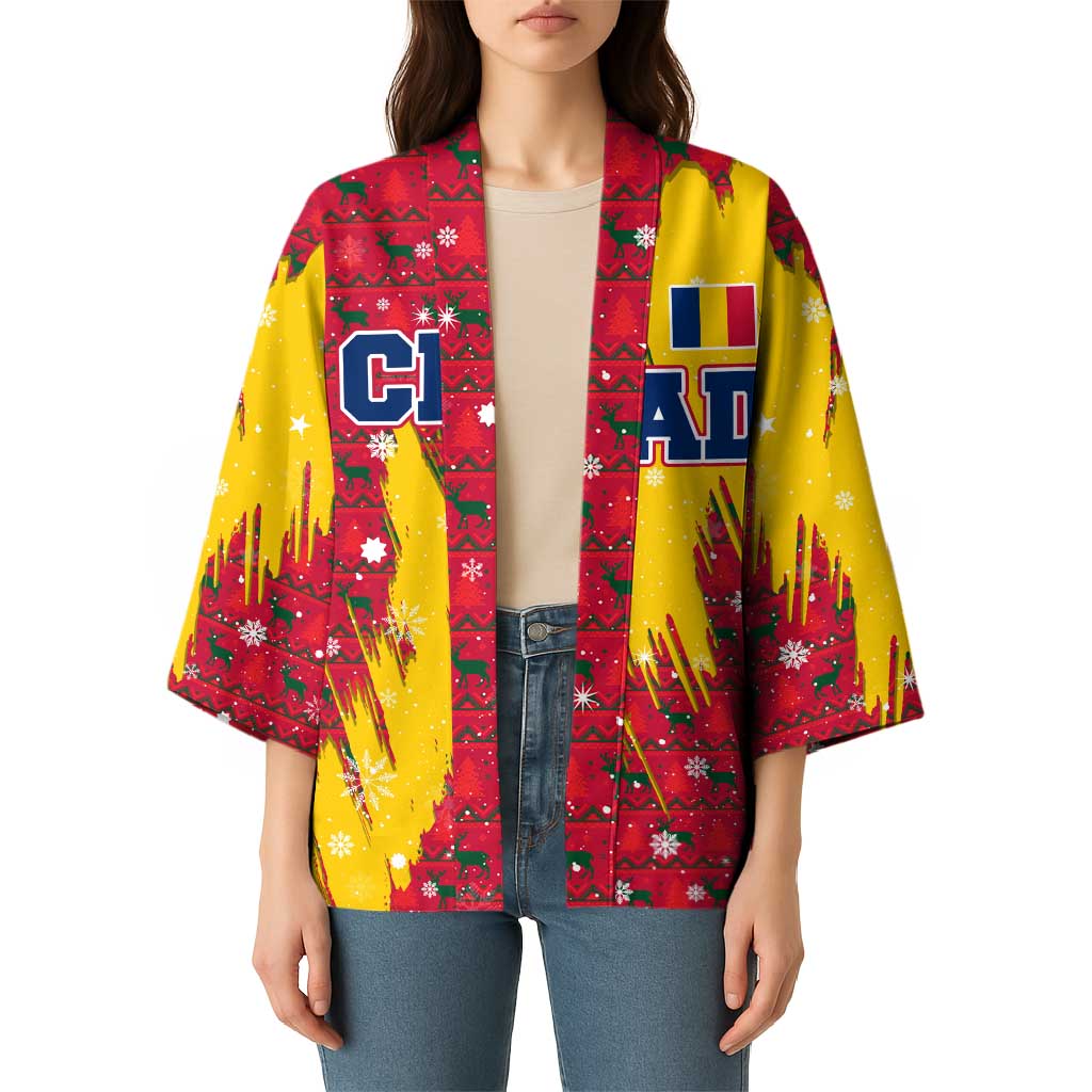 Chad Christmas Kimono with Red-Yellow Festive Pattern, National Coat of Arms, and Snowflake Accents - Wonder Print Shop