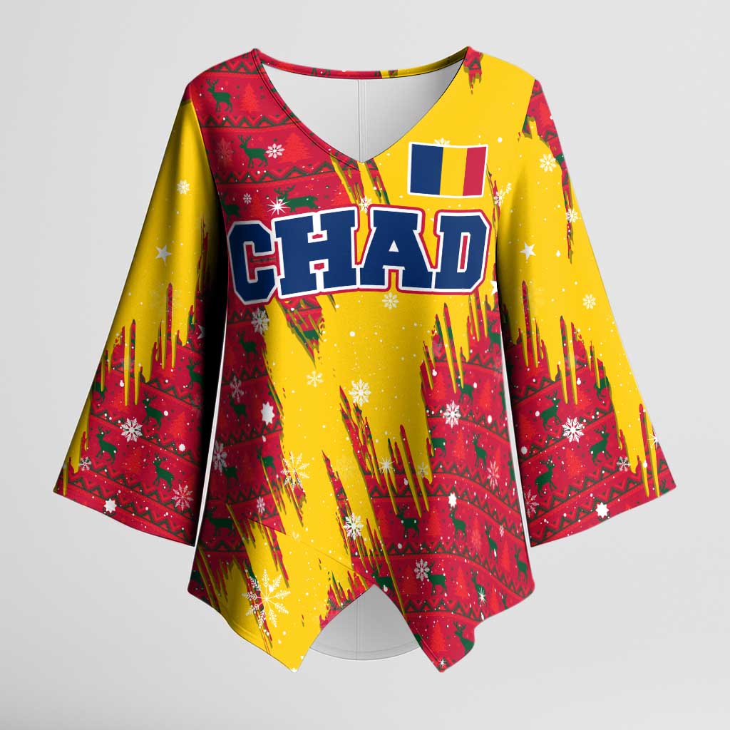 Chad Christmas Kimono Sleeve Blouse with Red-Yellow Festive Pattern, National Coat of Arms, and Snowflake Accents - Wonder Print Shop