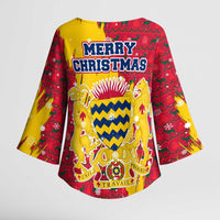 Chad Christmas Kimono Sleeve Blouse with Red-Yellow Festive Pattern, National Coat of Arms, and Snowflake Accents - Wonder Print Shop