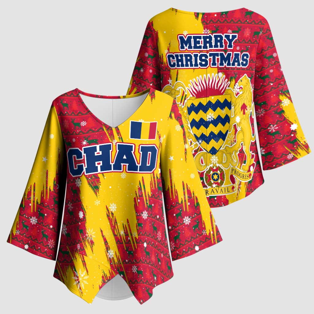 Chad Christmas Kimono Sleeve Blouse with Red-Yellow Festive Pattern, National Coat of Arms, and Snowflake Accents - Wonder Print Shop