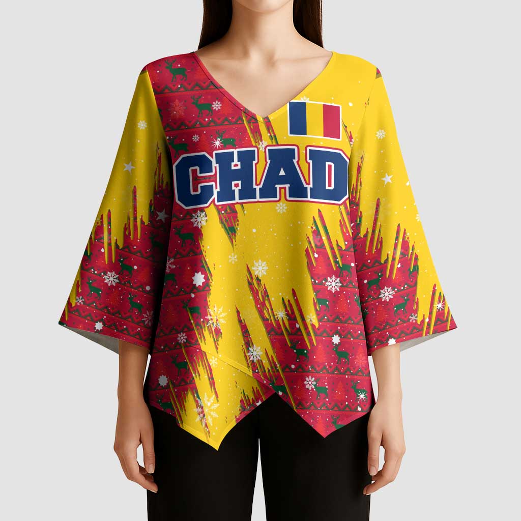 Chad Christmas Kimono Sleeve Blouse with Red-Yellow Festive Pattern, National Coat of Arms, and Snowflake Accents - Wonder Print Shop