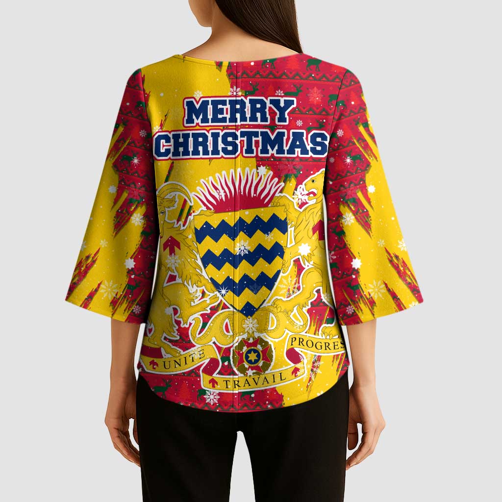 Chad Christmas Kimono Sleeve Blouse with Red-Yellow Festive Pattern, National Coat of Arms, and Snowflake Accents - Wonder Print Shop