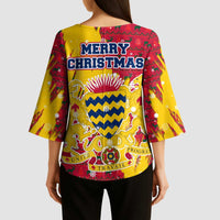 Chad Christmas Kimono Sleeve Blouse with Red-Yellow Festive Pattern, National Coat of Arms, and Snowflake Accents - Wonder Print Shop