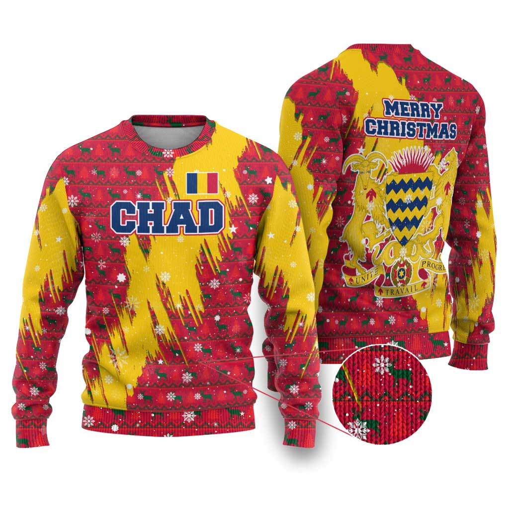Chad Christmas Ugly Christmas Sweater with Red-Yellow Festive Pattern, National Coat of Arms, and Snowflake Accents - Wonder Print Shop