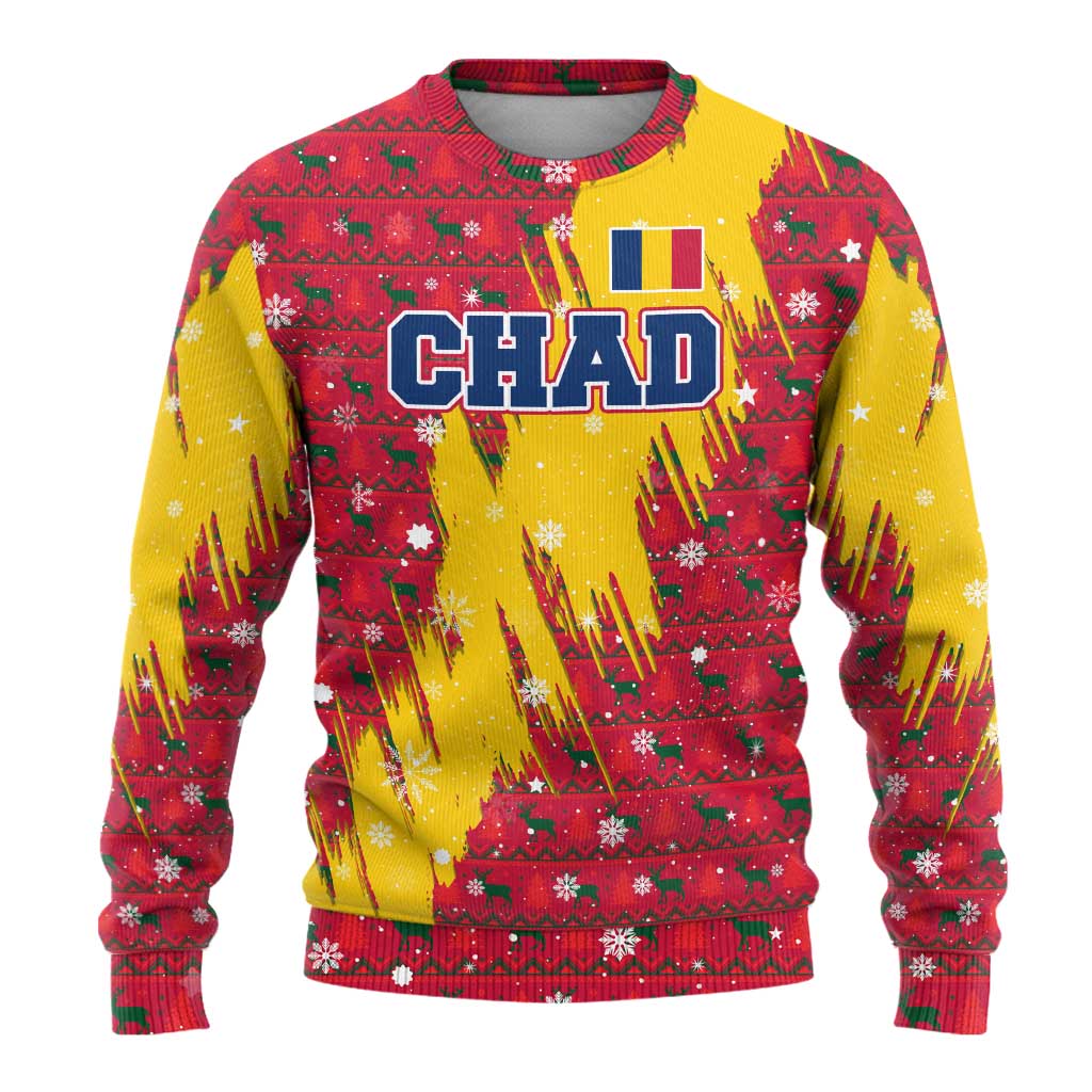 Chad Christmas Ugly Christmas Sweater with Red-Yellow Festive Pattern, National Coat of Arms, and Snowflake Accents - Wonder Print Shop