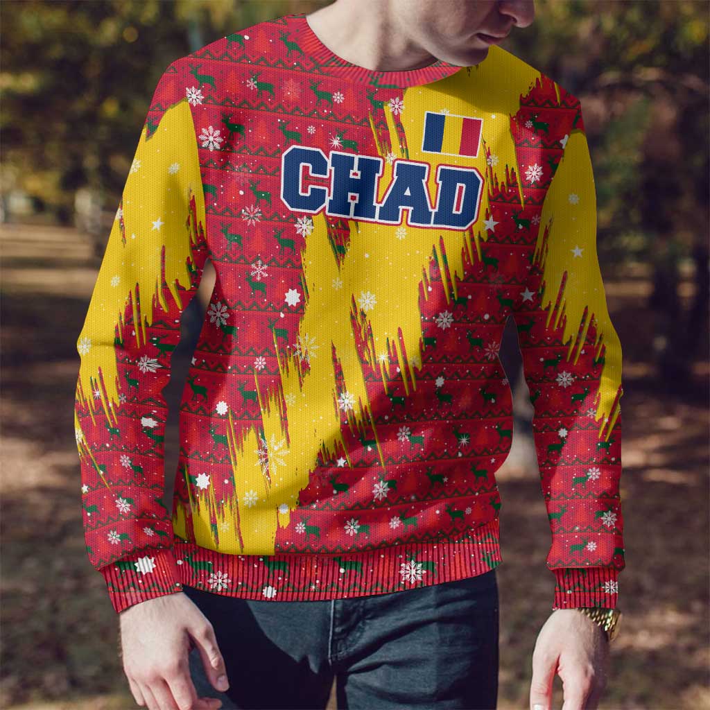 Chad Christmas Ugly Christmas Sweater with Red-Yellow Festive Pattern, National Coat of Arms, and Snowflake Accents - Wonder Print Shop