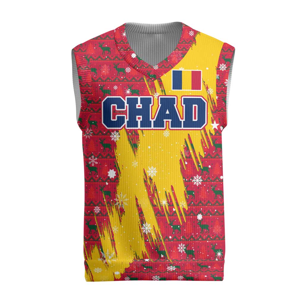 Chad Christmas Knitted V-Neck Vest with Red-Yellow Festive Pattern, National Coat of Arms, and Snowflake Accents - Wonder Print Shop