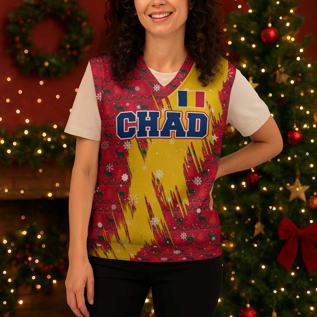 Chad Christmas Knitted V-Neck Vest with Red-Yellow Festive Pattern, National Coat of Arms, and Snowflake Accents - Wonder Print Shop