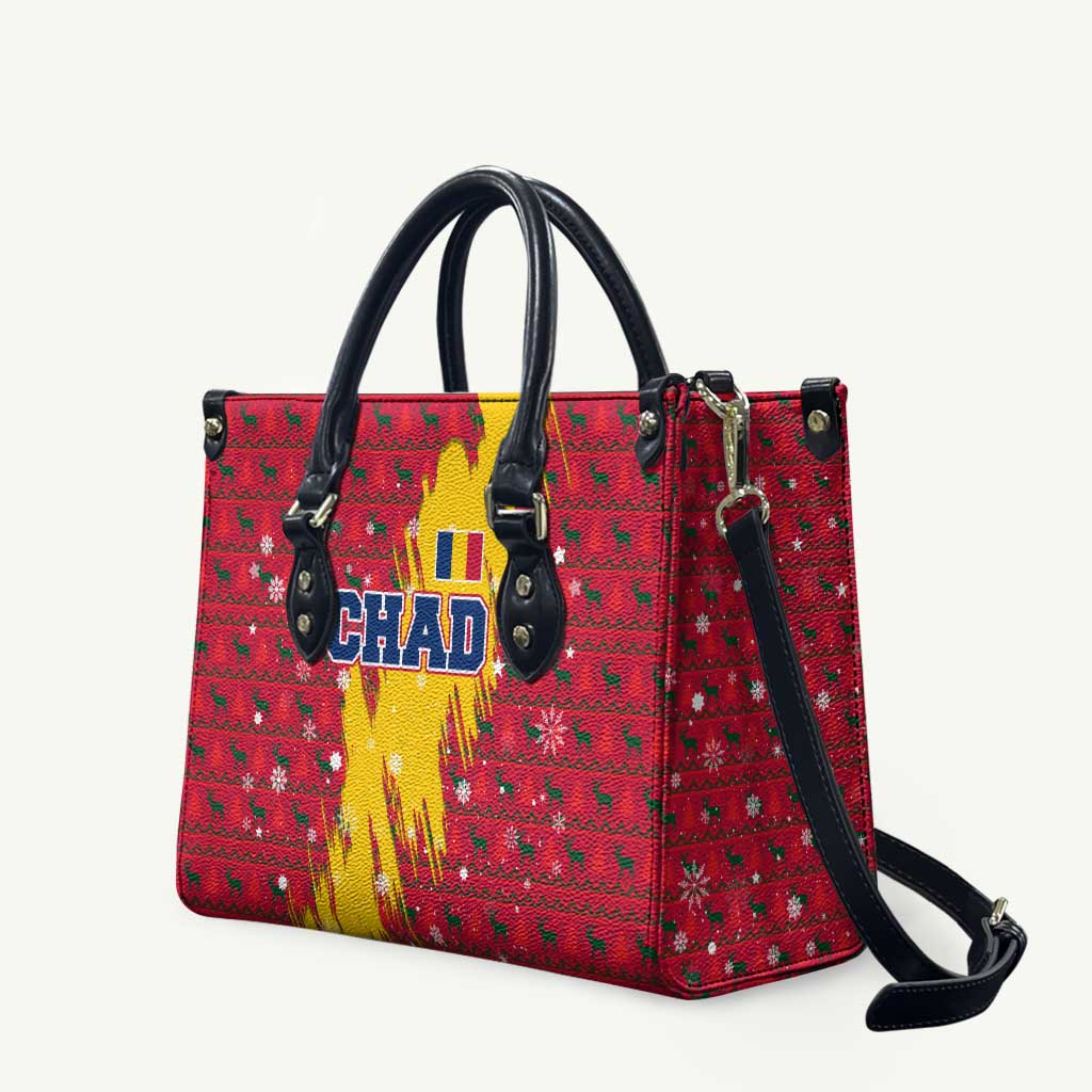 Chad Christmas Leather Bag with Red-Yellow Festive Pattern, National Coat of Arms, and Snowflake Accents - Wonder Print Shop