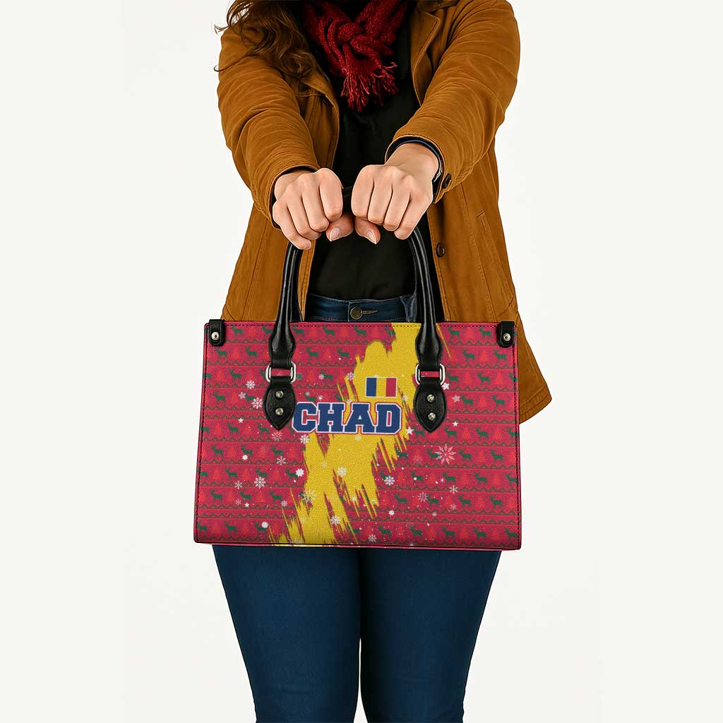 Chad Christmas Leather Bag with Red-Yellow Festive Pattern, National Coat of Arms, and Snowflake Accents - Wonder Print Shop