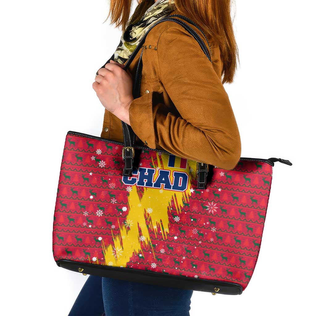 Chad Christmas Leather Tote Bag with Red-Yellow Festive Pattern, National Coat of Arms, and Snowflake Accents - Wonder Print Shop