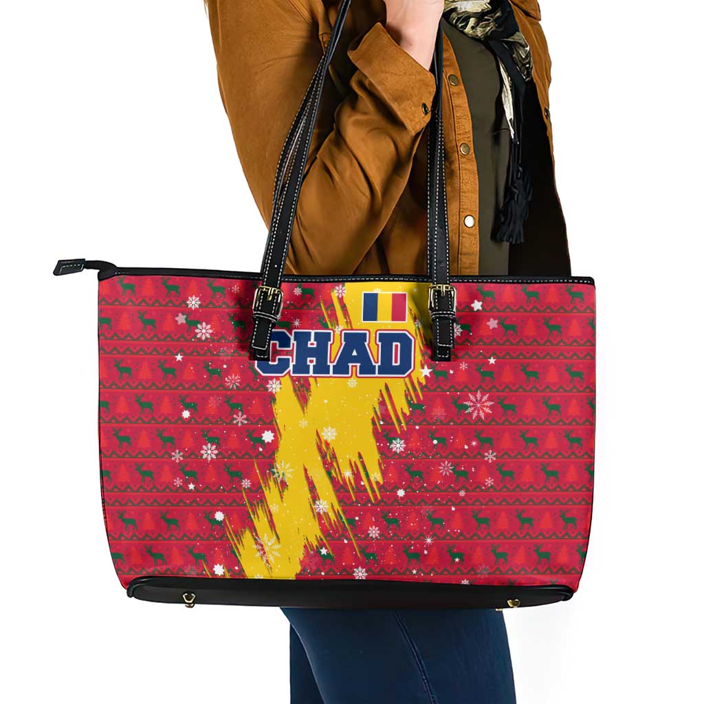 Chad Christmas Leather Tote Bag with Red-Yellow Festive Pattern, National Coat of Arms, and Snowflake Accents - Wonder Print Shop