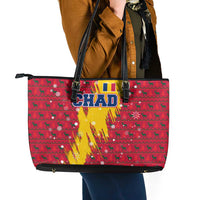 Chad Christmas Leather Tote Bag with Red-Yellow Festive Pattern, National Coat of Arms, and Snowflake Accents - Wonder Print Shop