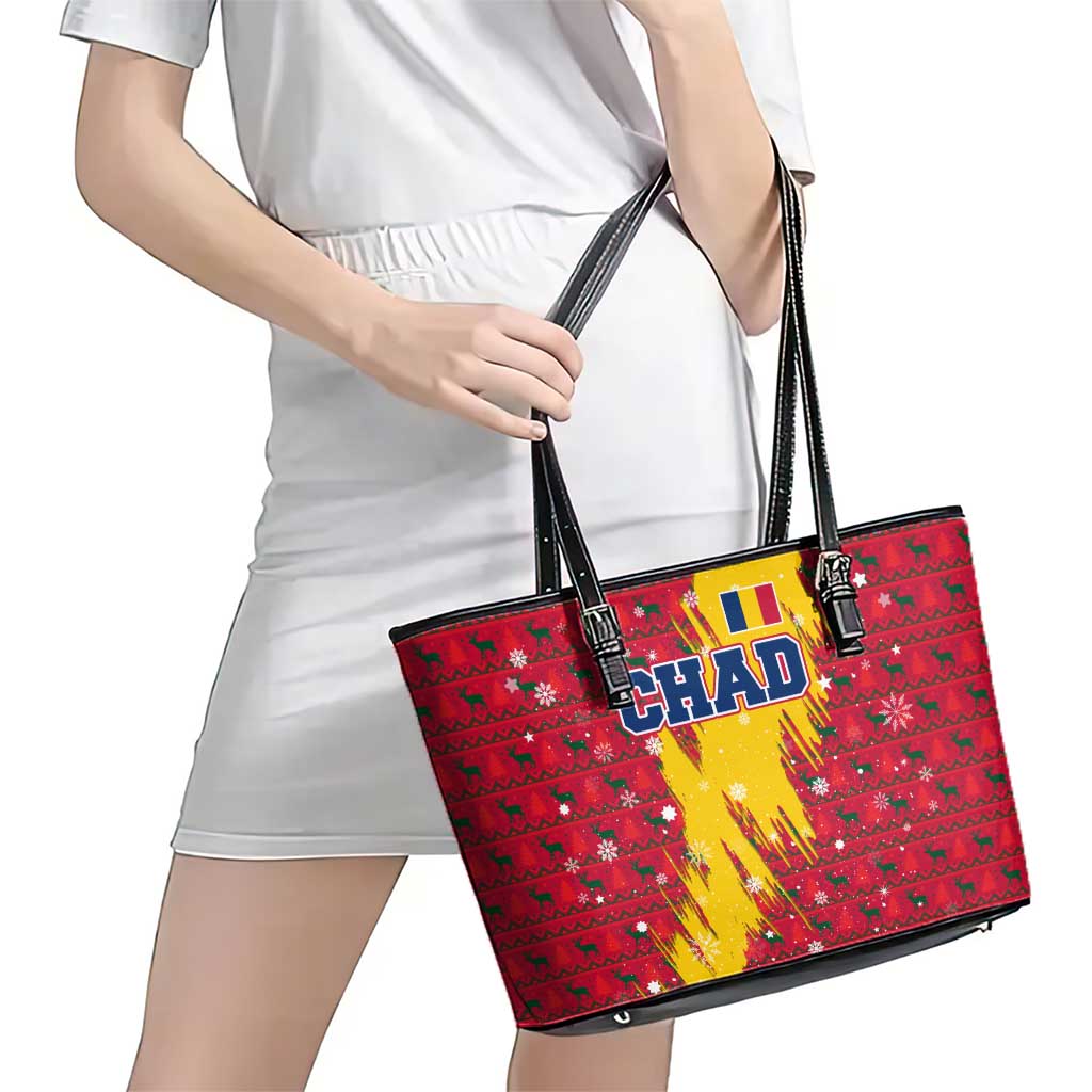 Chad Christmas Leather Tote Bag with Red-Yellow Festive Pattern, National Coat of Arms, and Snowflake Accents - Wonder Print Shop