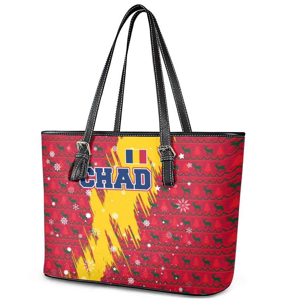 Chad Christmas Leather Tote Bag with Red-Yellow Festive Pattern, National Coat of Arms, and Snowflake Accents - Wonder Print Shop