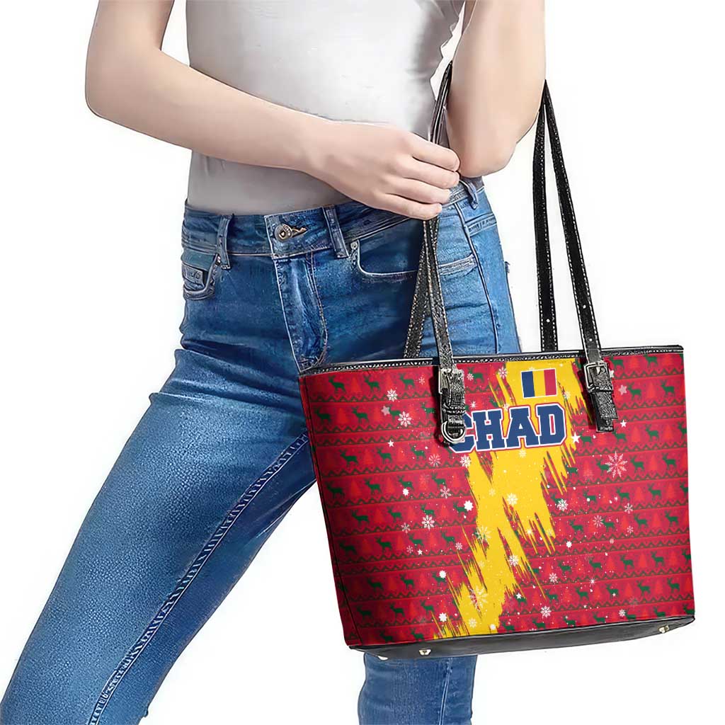 Chad Christmas Leather Tote Bag with Red-Yellow Festive Pattern, National Coat of Arms, and Snowflake Accents - Wonder Print Shop