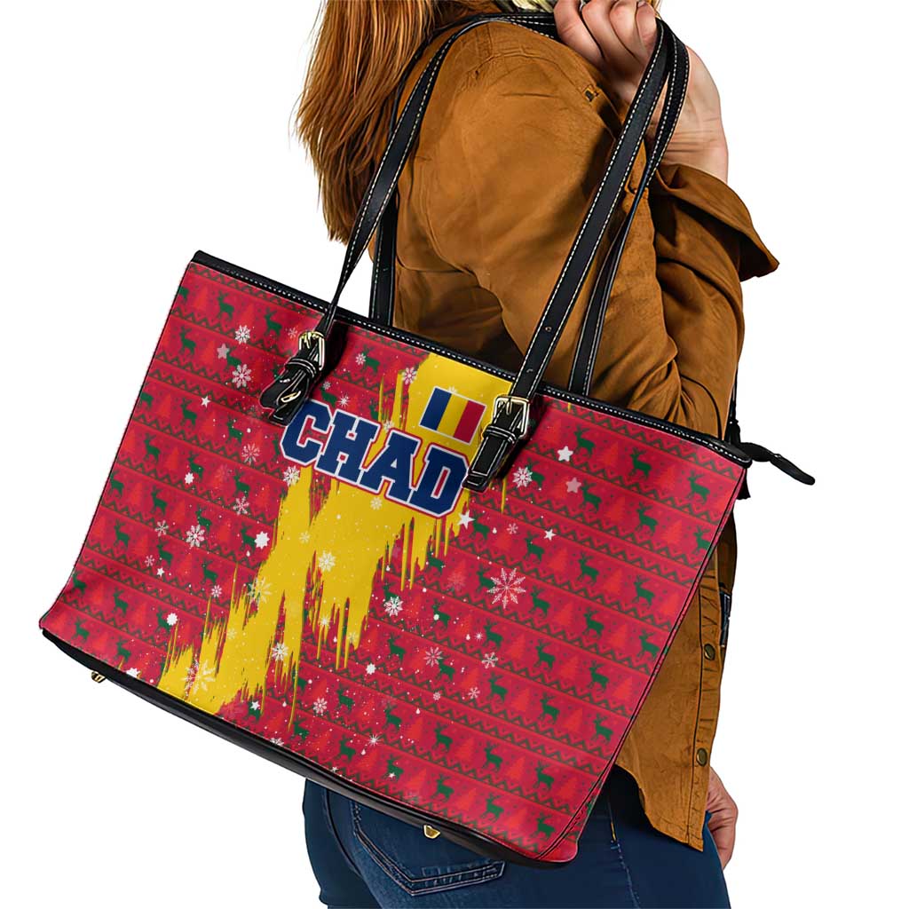 Chad Christmas Leather Tote Bag with Red-Yellow Festive Pattern, National Coat of Arms, and Snowflake Accents - Wonder Print Shop