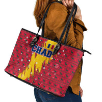 Chad Christmas Leather Tote Bag with Red-Yellow Festive Pattern, National Coat of Arms, and Snowflake Accents - Wonder Print Shop