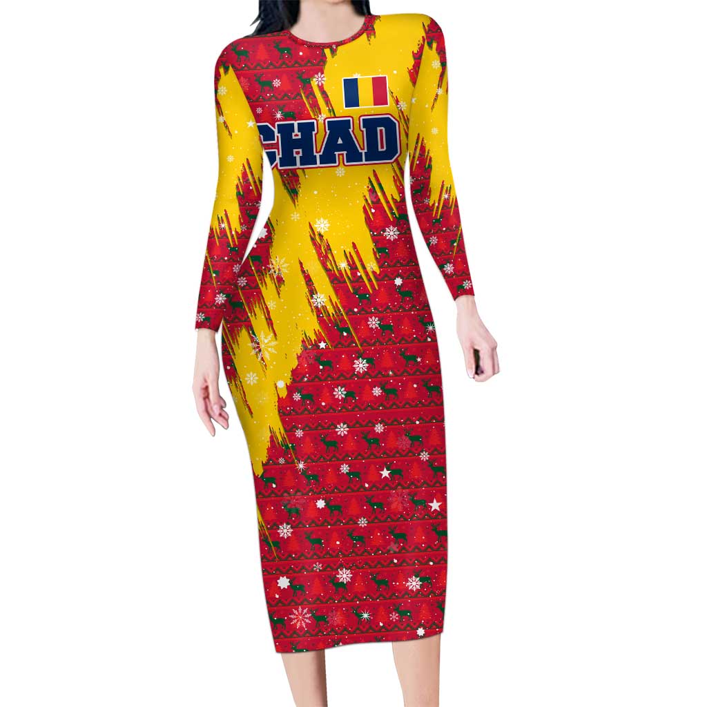 Chad Christmas Long Sleeve Bodycon Dress with Red-Yellow Festive Pattern, National Coat of Arms, and Snowflake Accents - Wonder Print Shop