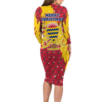 Chad Christmas Long Sleeve Bodycon Dress with Red-Yellow Festive Pattern, National Coat of Arms, and Snowflake Accents - Wonder Print Shop