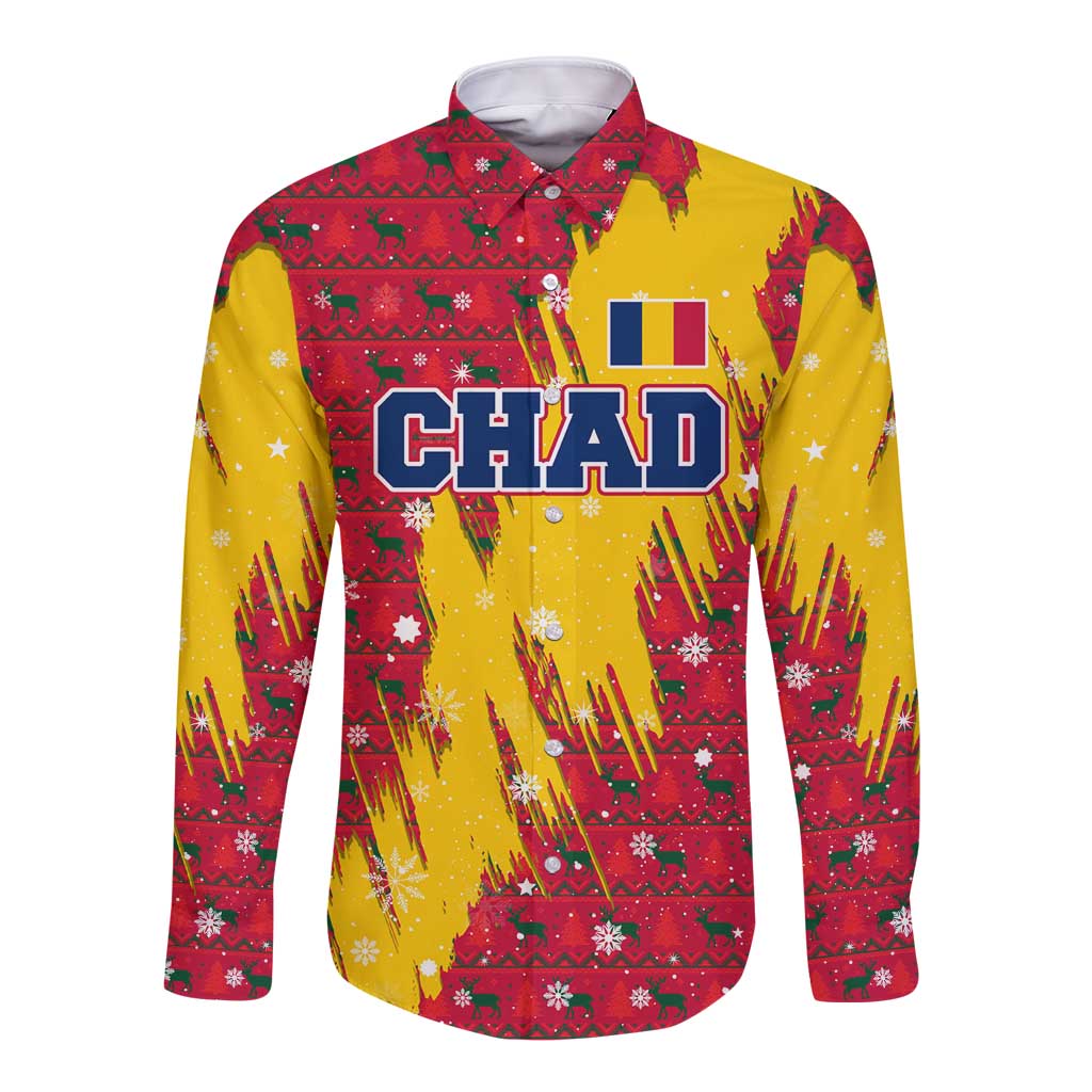 Chad Christmas Long Sleeve Button Shirt with Red-Yellow Festive Pattern, National Coat of Arms, and Snowflake Accents - Wonder Print Shop