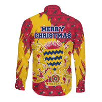 Chad Christmas Long Sleeve Button Shirt with Red-Yellow Festive Pattern, National Coat of Arms, and Snowflake Accents - Wonder Print Shop