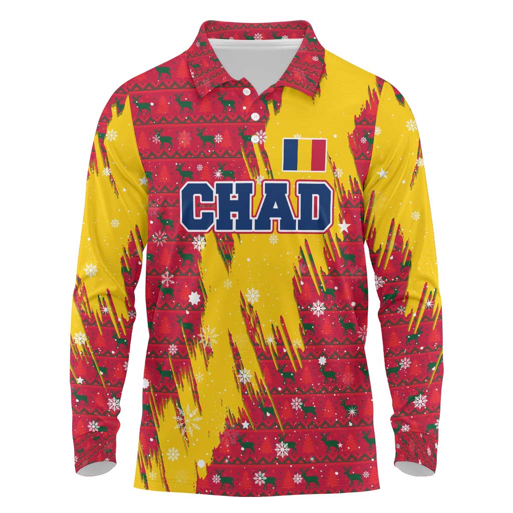 Chad Christmas Long Sleeve Polo Shirt with Red-Yellow Festive Pattern, National Coat of Arms, and Snowflake Accents - Wonder Print Shop