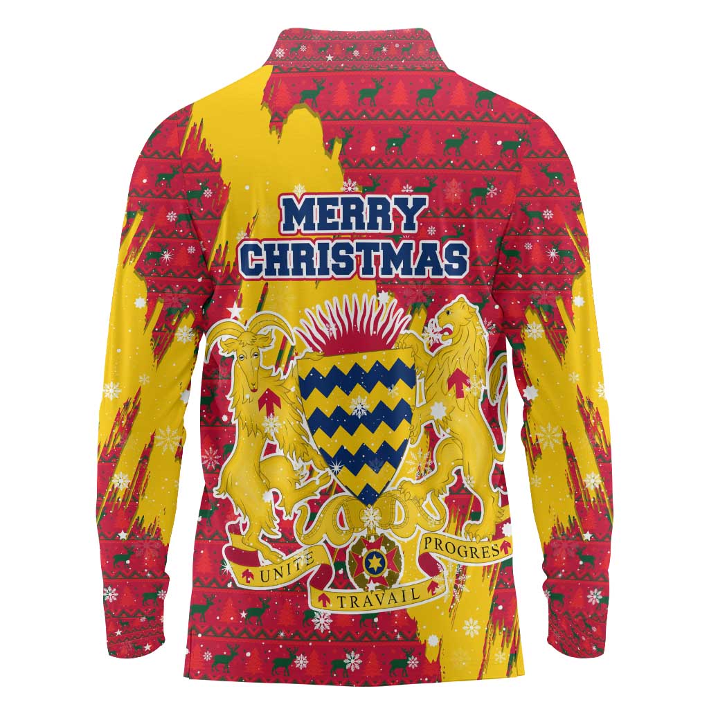 Chad Christmas Long Sleeve Polo Shirt with Red-Yellow Festive Pattern, National Coat of Arms, and Snowflake Accents - Wonder Print Shop