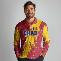 Chad Christmas Long Sleeve Polo Shirt with Red-Yellow Festive Pattern, National Coat of Arms, and Snowflake Accents - Wonder Print Shop